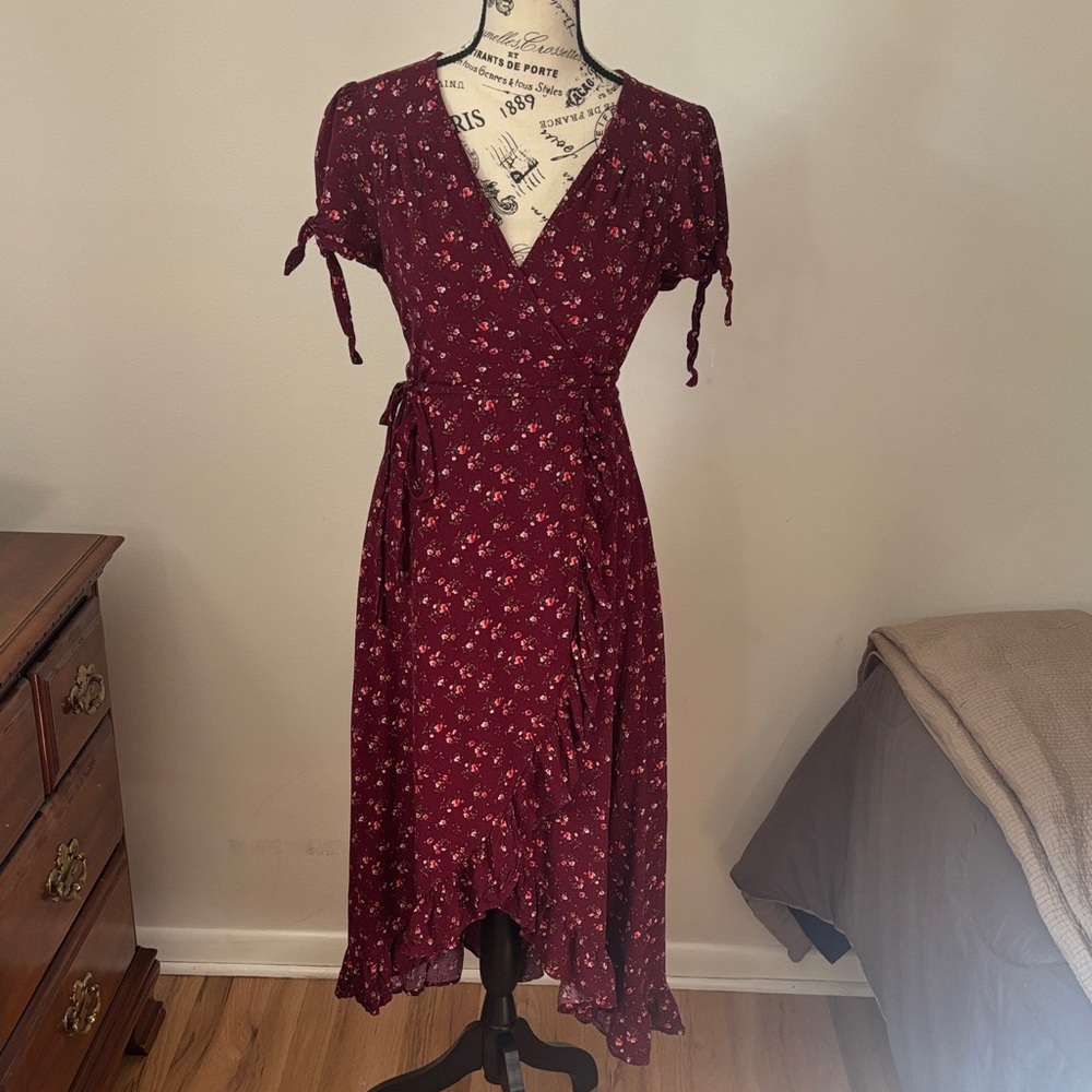 Francesca's Burgundy Floral Wrap Dress